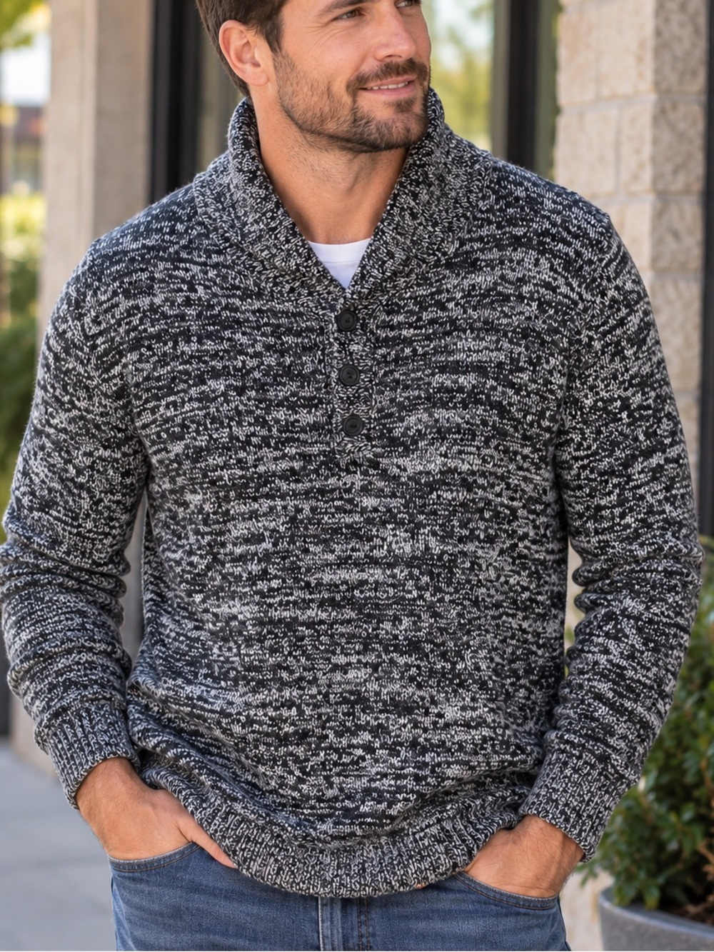 Express Men’s XL Marled Shawl Collar Henley Pullover Sweater Black Gray.